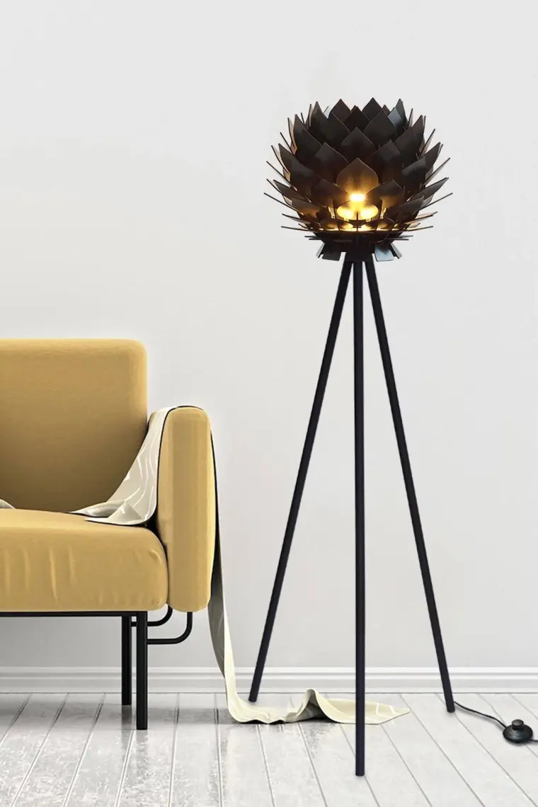 Design Otto Lotus Metal Ayaklı Yerpuar Anahtarlı Ahşap Modern Tripod Üç Ayaklı Lambader Aydınlatma