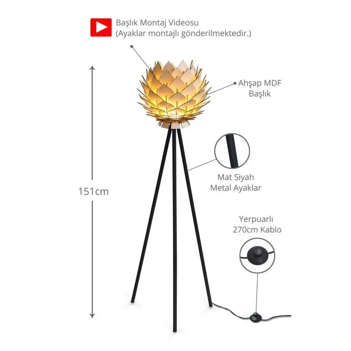 Design Otto Lotus Metal Ayaklı Yerpuar Anahtarlı Ahşap Modern Tripod Üç Ayaklı Lambader Aydınlatma