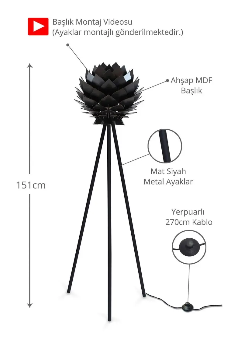 Design Otto Lotus Metal Ayaklı Yerpuar Anahtarlı Ahşap Modern Tripod Üç Ayaklı Lambader Aydınlatma