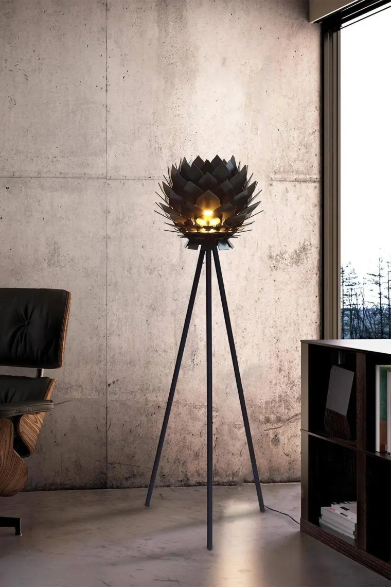 Design Otto Lotus Metal Ayaklı Yerpuar Anahtarlı Ahşap Modern Tripod Üç Ayaklı Lambader Aydınlatma