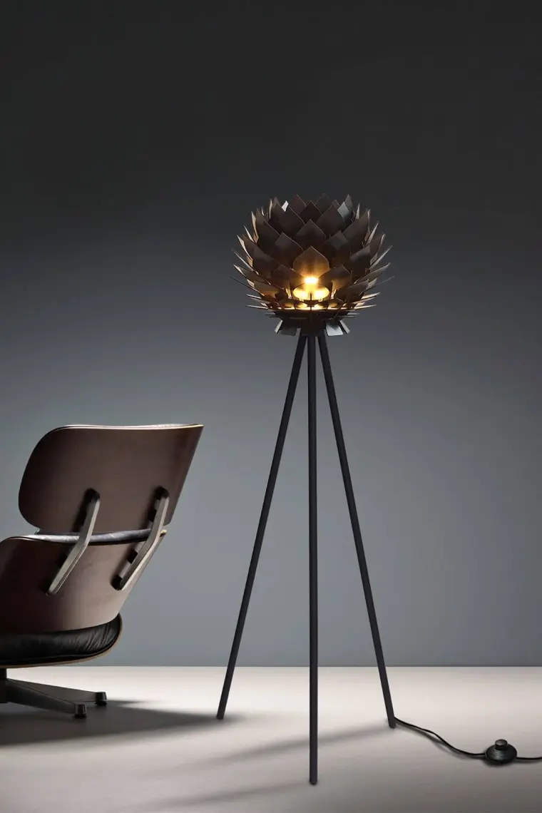 Design Otto Lotus Metal Ayaklı Yerpuar Anahtarlı Ahşap Modern Tripod Üç Ayaklı Lambader Aydınlatma