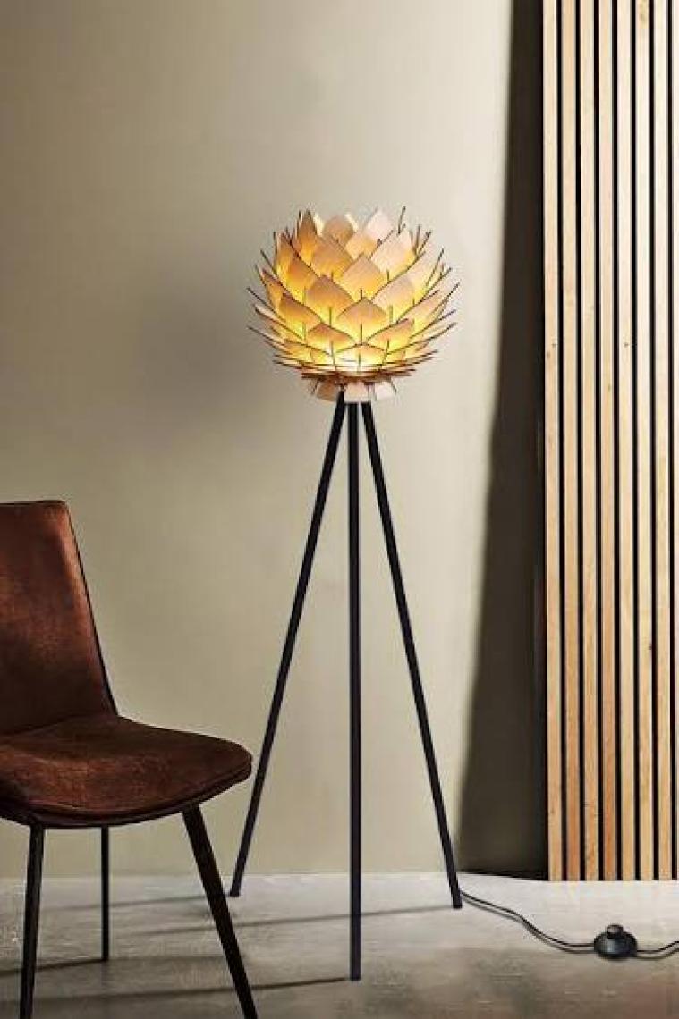 Design Otto Lotus Metal Ayaklı Yerpuar Anahtarlı Ahşap Modern Tripod Üç Ayaklı Lambader Aydınlatma