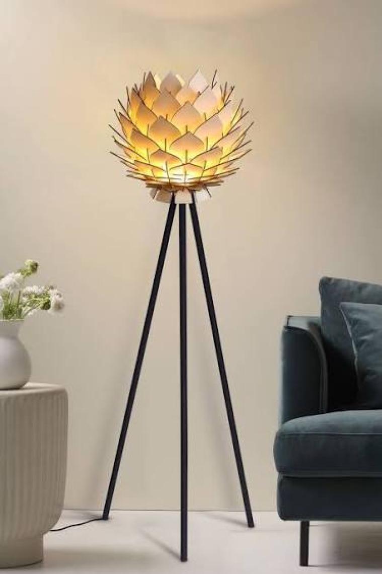 Design Otto Lotus Metal Ayaklı Yerpuar Anahtarlı Ahşap Modern Tripod Üç Ayaklı Lambader Aydınlatma