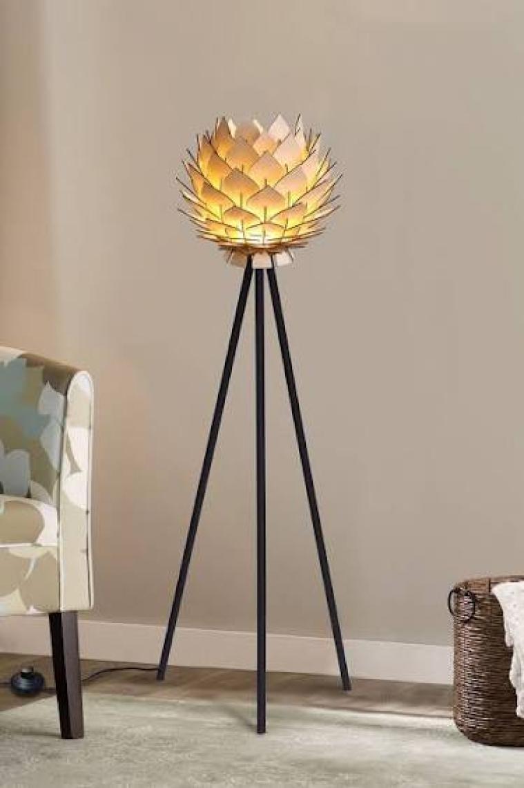 Design Otto Lotus Metal Ayaklı Yerpuar Anahtarlı Ahşap Modern Tripod Üç Ayaklı Lambader Aydınlatma