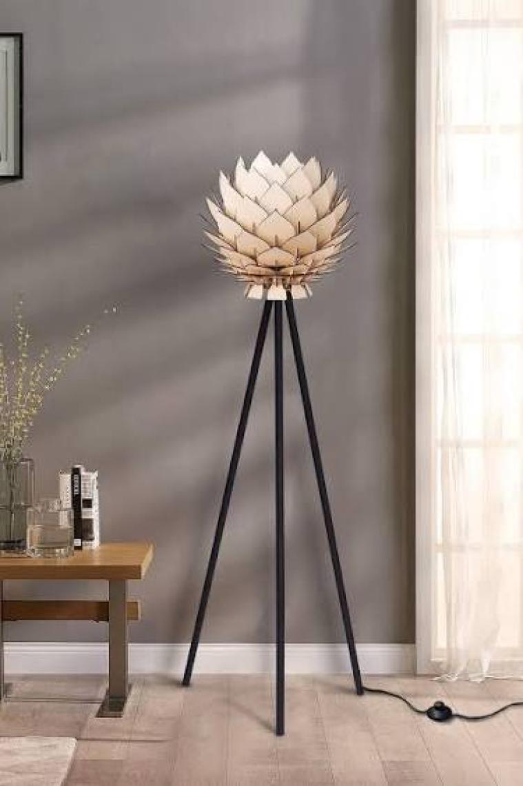 Design Otto Lotus Metal Ayaklı Yerpuar Anahtarlı Ahşap Modern Tripod Üç Ayaklı Lambader Aydınlatma