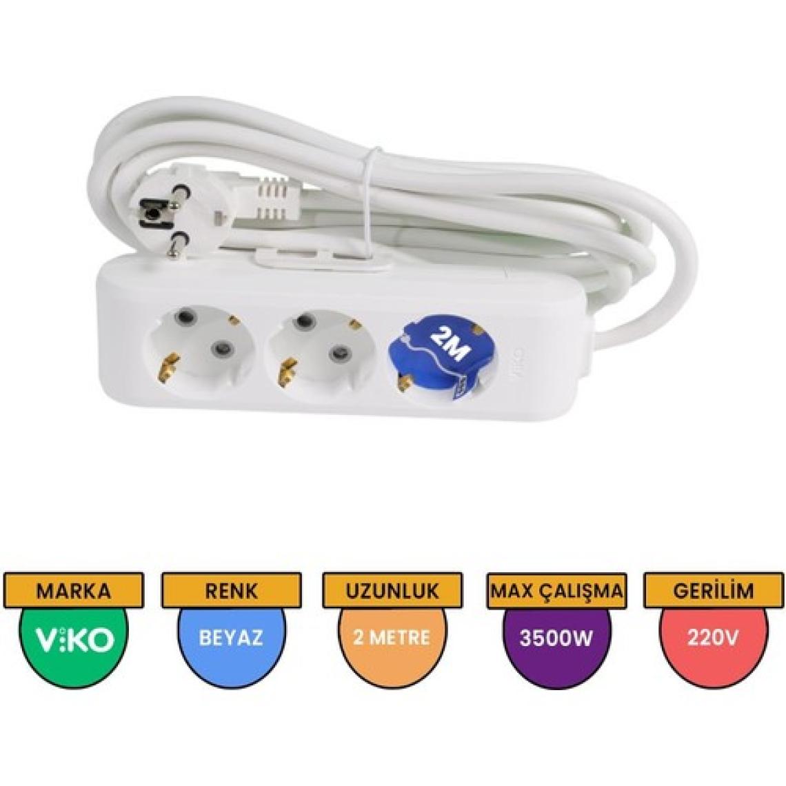 Viko 2 Metre Kablolu Topraklı Çocuk Korumalı Üçlü Priz