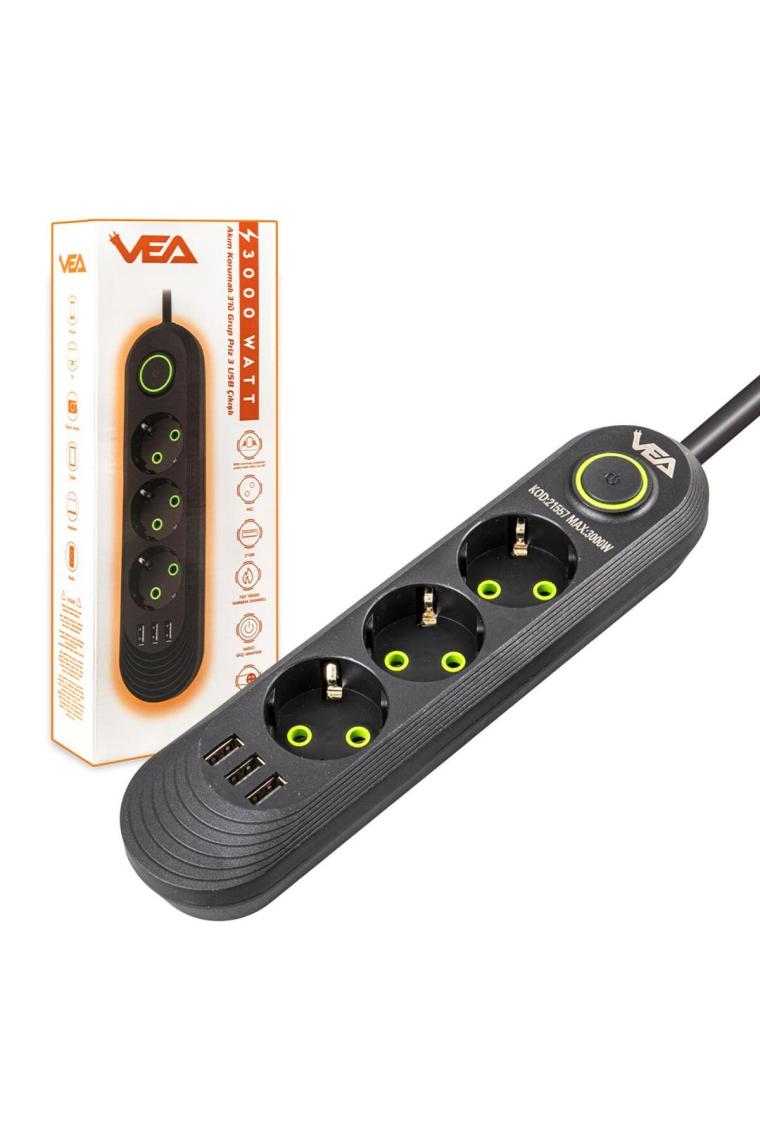 Vea VA-21557 3'lü 1.5 Metre Kablolu 3 Usbli Siyah Akım Korumalı Priz