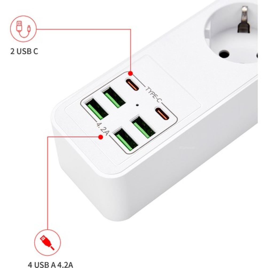 Hobimtek H-01 Hızlı Şarj Istasyonu 3000W 3'lü Priz 2 Metre Uzatma Kablosu Çoklu Priz 4 USB 2 Type C Girişli On Off Düğmeli