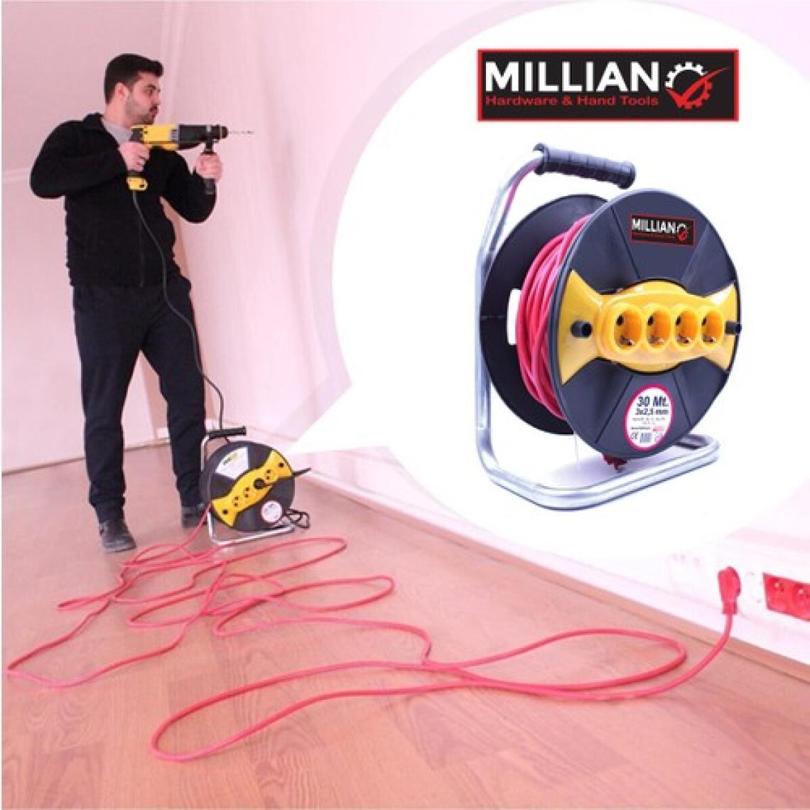 Millian 3 x 2,5 30 Metre Sertifikalı Makaralı Seyyar Uzatma Kablosu 4 Prizli ( Dörtlü )
