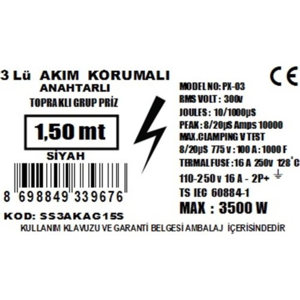 Smart Socket 3'lü Golyat Anahtarlı Siyah Akım Korumalı Priz