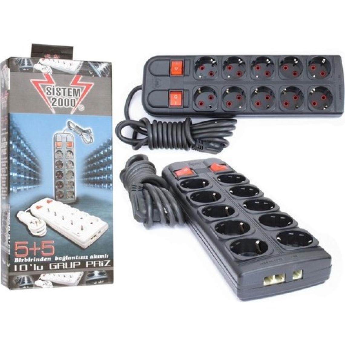Sistem 2000 Siyah 5+5 10Lu 2 Metre Kablolu Anahtarlı Grup Priz