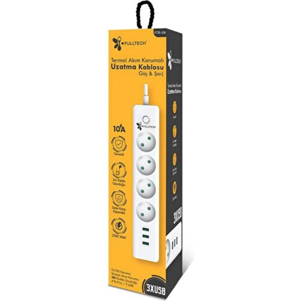 Fulltech Termal Akım Korumalı Isıya Karşı Dayanıklı 4'lü Priz Kablo Uzunluğu 2 mt 3xUSB Ftr-06 323034