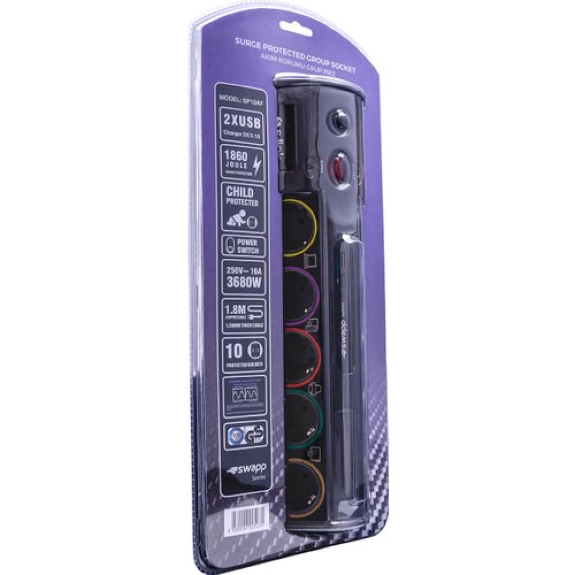 S-Link Swapp Sp10af_Usb 3.1A 1.8M 1.5Mm2 10Lu Akım Kor. Gri + 2 Usb Port 3100Ma 5V Priz