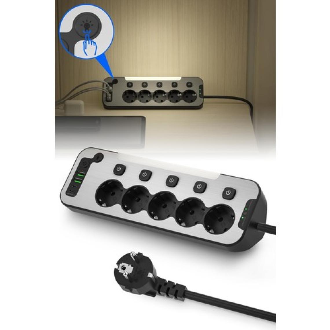 Bağımsız Anahtarlı 5'li Işıklı Akım Korumalı Çoklu Priz 4000W, 2x USB - 2x Type-C Giriş, Metal Ön Panel Uzatma Kablosu Köşe Beşli Priz, Topraklı, 2 Metre Kablo