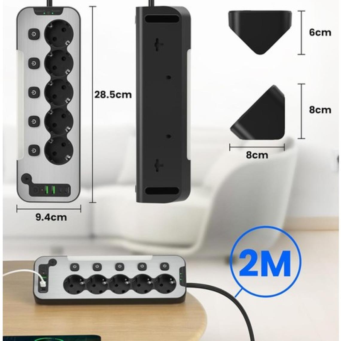 Bağımsız Anahtarlı 5'li Işıklı Akım Korumalı Çoklu Priz 4000W, 2x USB - 2x Type-C Giriş, Metal Ön Panel Uzatma Kablosu Köşe Beşli Priz, Topraklı, 2 Metre Kablo