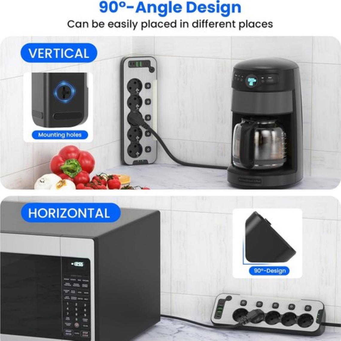 Bağımsız Anahtarlı 5'li Işıklı Akım Korumalı Çoklu Priz 4000W, 2x USB - 2x Type-C Giriş, Metal Ön Panel Uzatma Kablosu Köşe Beşli Priz, Topraklı, 2 Metre Kablo
