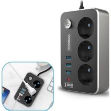 Bartek Isıya Dayanıklı Termal Akım Korumalı 2 mt 10A 2500W (3'lü Priz ve 3 Usb'li 2.1A) Uzatma Kablosu