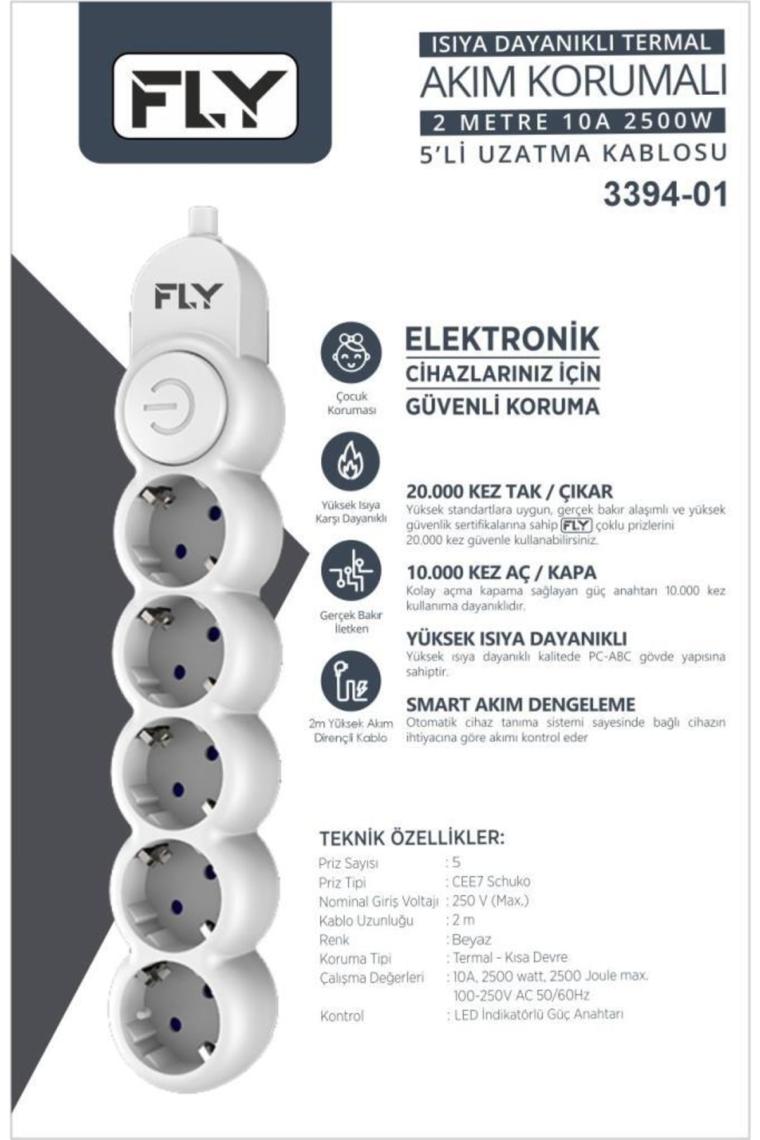 -3394-01 Termal Akım Korumalı 5'li Priz 2m 2.1a Uzatma Kablosu