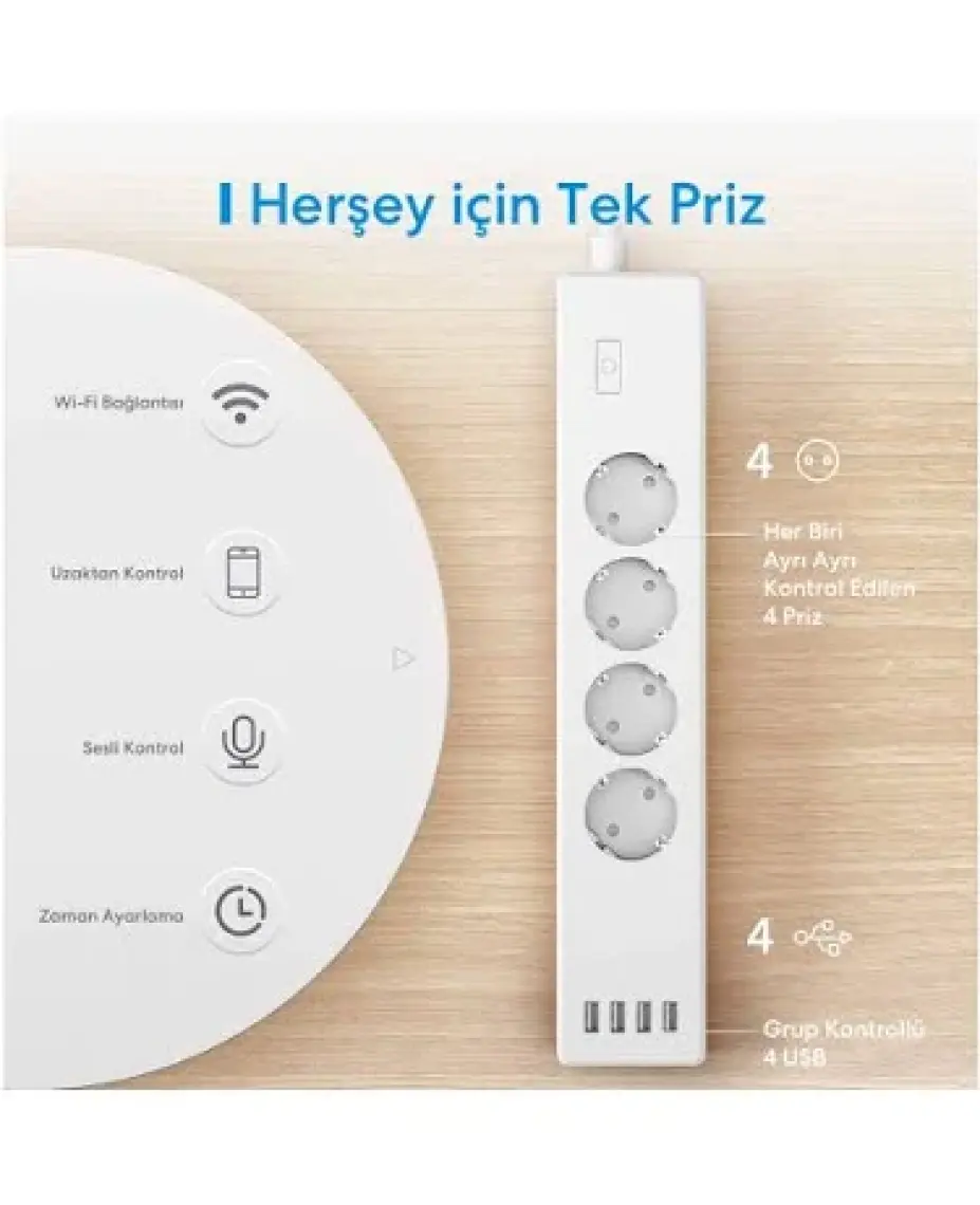 Wi-fi Uzaktan Kontrollü Akım Korumalı 4 Usb Girişli Akıllı 4lü Priz