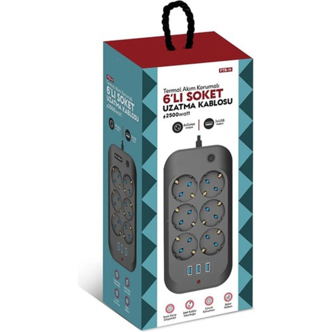 Aksesuarcı Fulltech Termal Akım Korumalı, Çocuk Korumalı, 6'lı 2 mt Uzatma Kablosu 6 x Priz, 3 x USB - Ftr-11