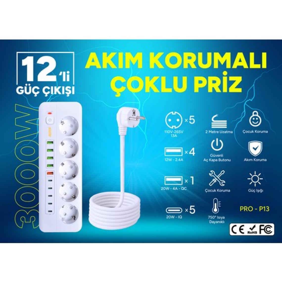 3000W Yeni Tasarım Akım Korumalı 5 Usb'li ve 5 Type-C Li 5'lı Grup Priz 2 M Uzatma Kablosu Beyaz