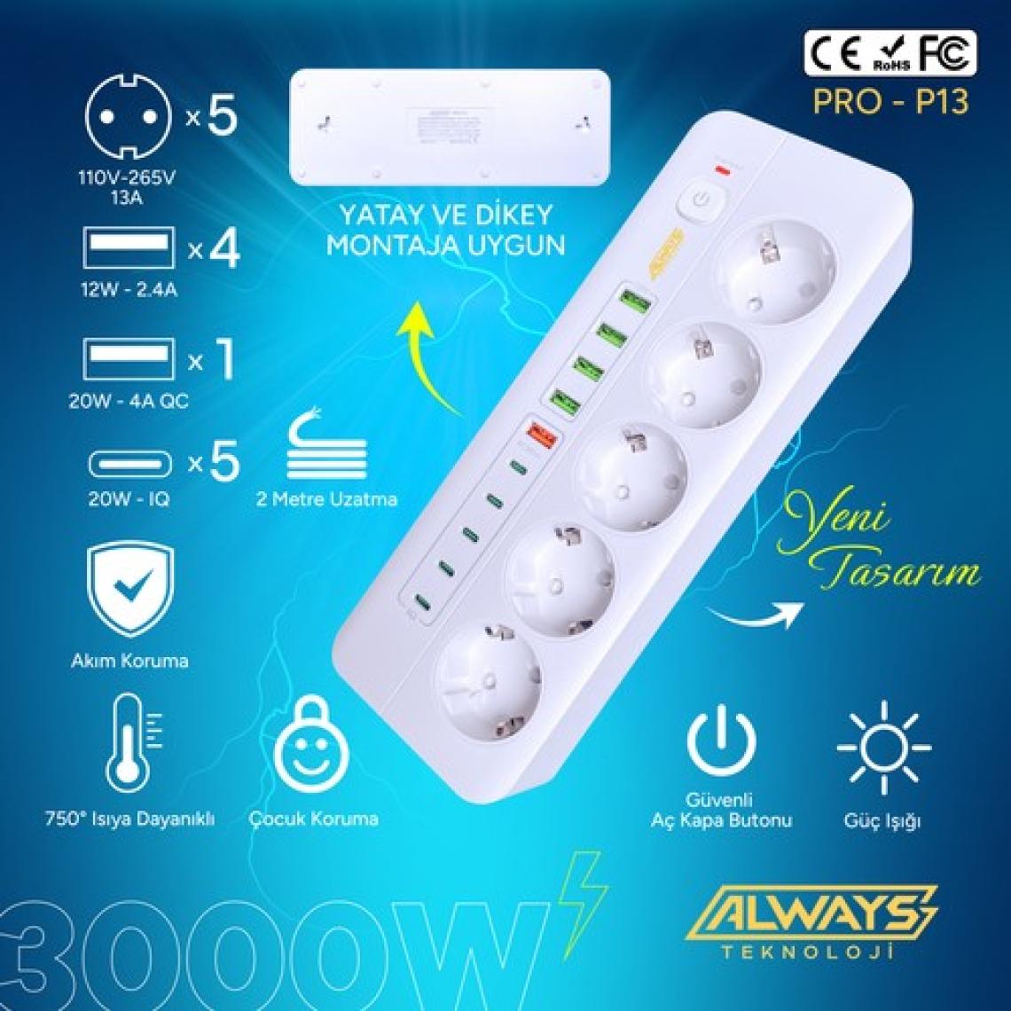 3000W Yeni Tasarım Akım Korumalı 5 Usb'li ve 5 Type-C Li 5'lı Grup Priz 2 M Uzatma Kablosu Beyaz