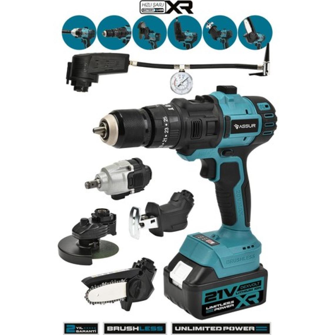 Assur 21V 6 Başlıklı Set Hava Pompası Vidalama Somun Sıkma Dal Budama Tilki Kuyruğu Taşlama