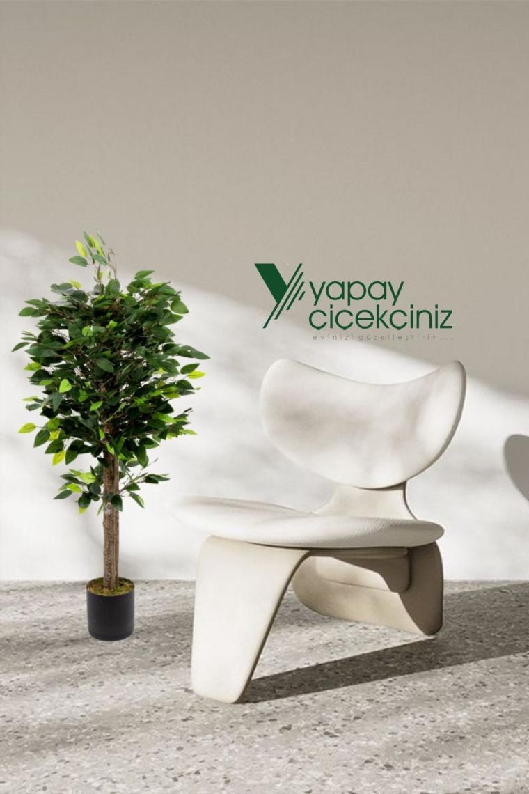 Gri Saksıda Çim Detaylı Yoğun Yapraklı 100 Cm Yapay Benjamin Ağacı