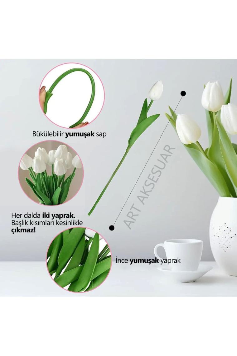 Yapay 8 Li Islak Lale Buketi Gerçeksi Doku Beyaz - Yapay Lale 32 Cm 8 Adet