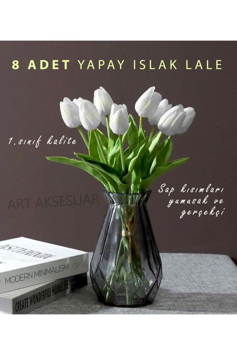 Yapay 8 Li Islak Lale Buketi Gerçeksi Doku Beyaz - Yapay Lale 32 Cm 8 Adet