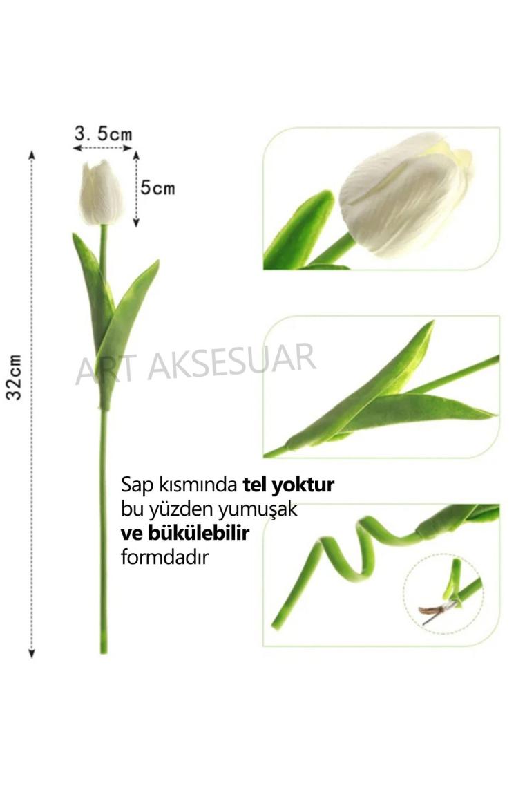 Yapay 8 Li Islak Lale Buketi Gerçeksi Doku Beyaz - Yapay Lale 32 Cm 8 Adet