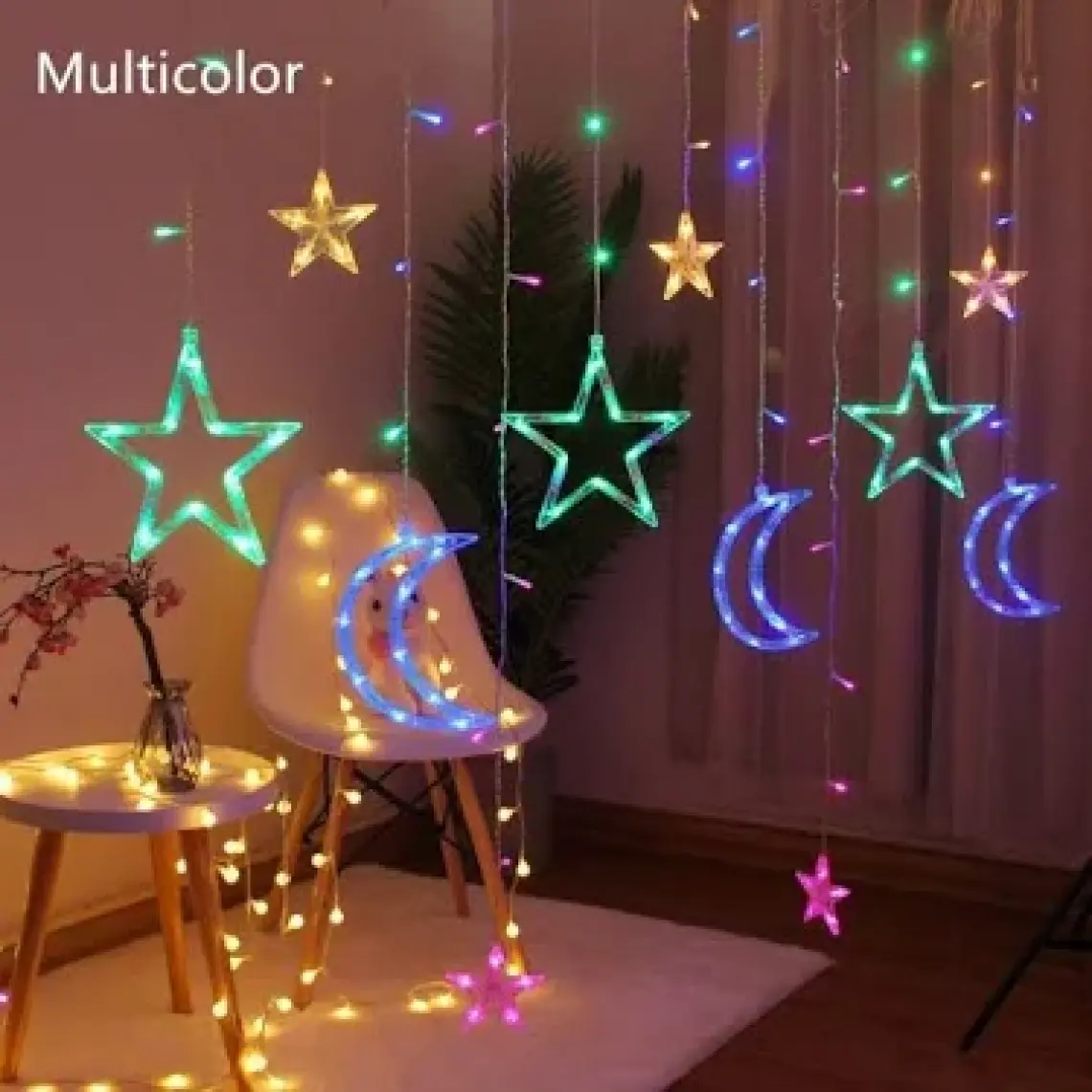 Alkese Ay Yıldız Saçak Perde Rgb LED Işık Animasyonlu USB Fişli