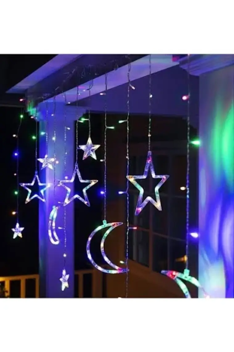 Alkese Ay Yıldız Saçak Perde Rgb LED Işık Animasyonlu USB Fişli