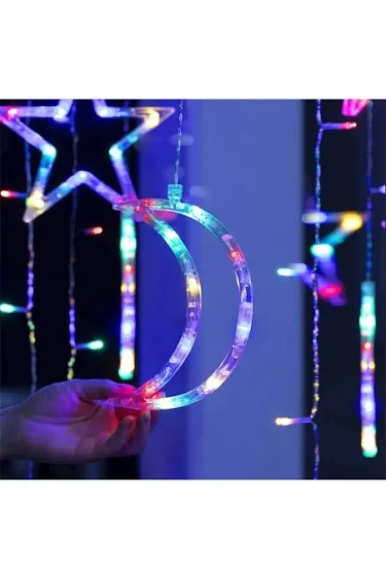 Alkese Ay Yıldız Saçak Perde Rgb LED Işık Animasyonlu USB Fişli
