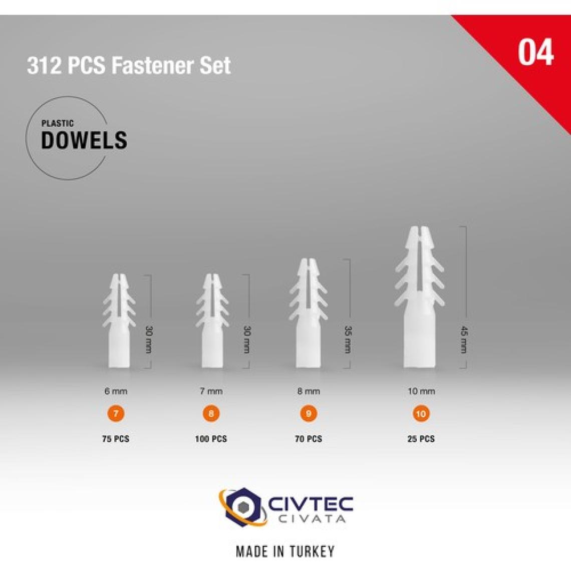 Civtec 312 Parça 12 Çeşit Vida ve Dübel Seti - Takım Çantası TK100