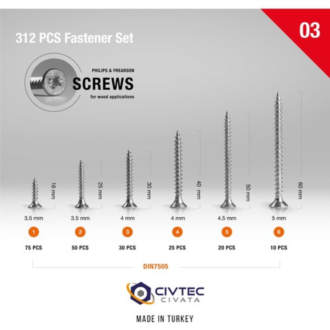Civtec 312 Parça 12 Çeşit Vida ve Dübel Seti - Takım Çantası TK100