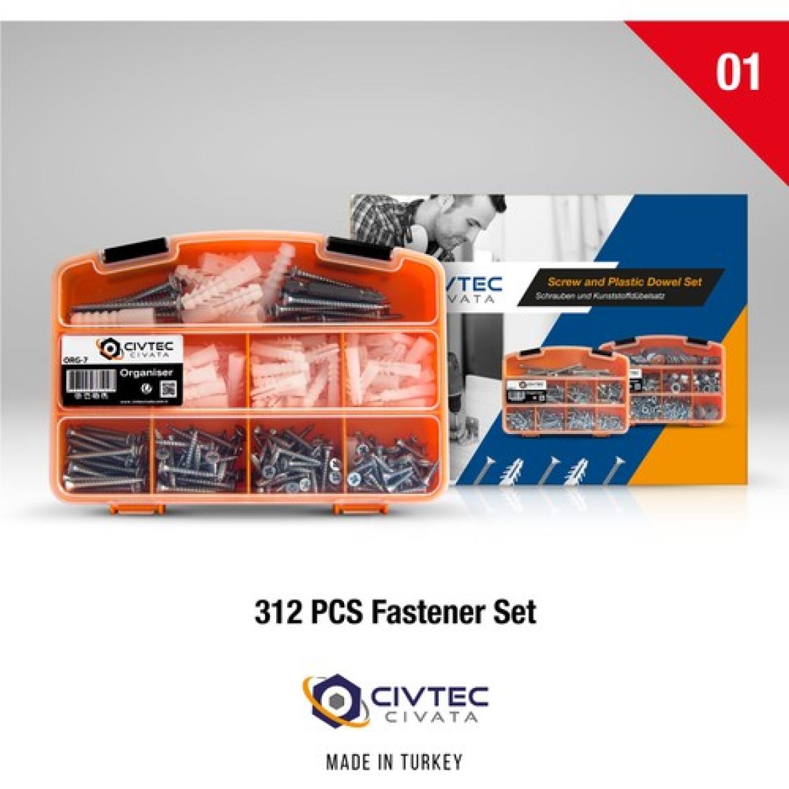 Civtec 312 Parça 12 Çeşit Vida ve Dübel Seti - Takım Çantası TK100