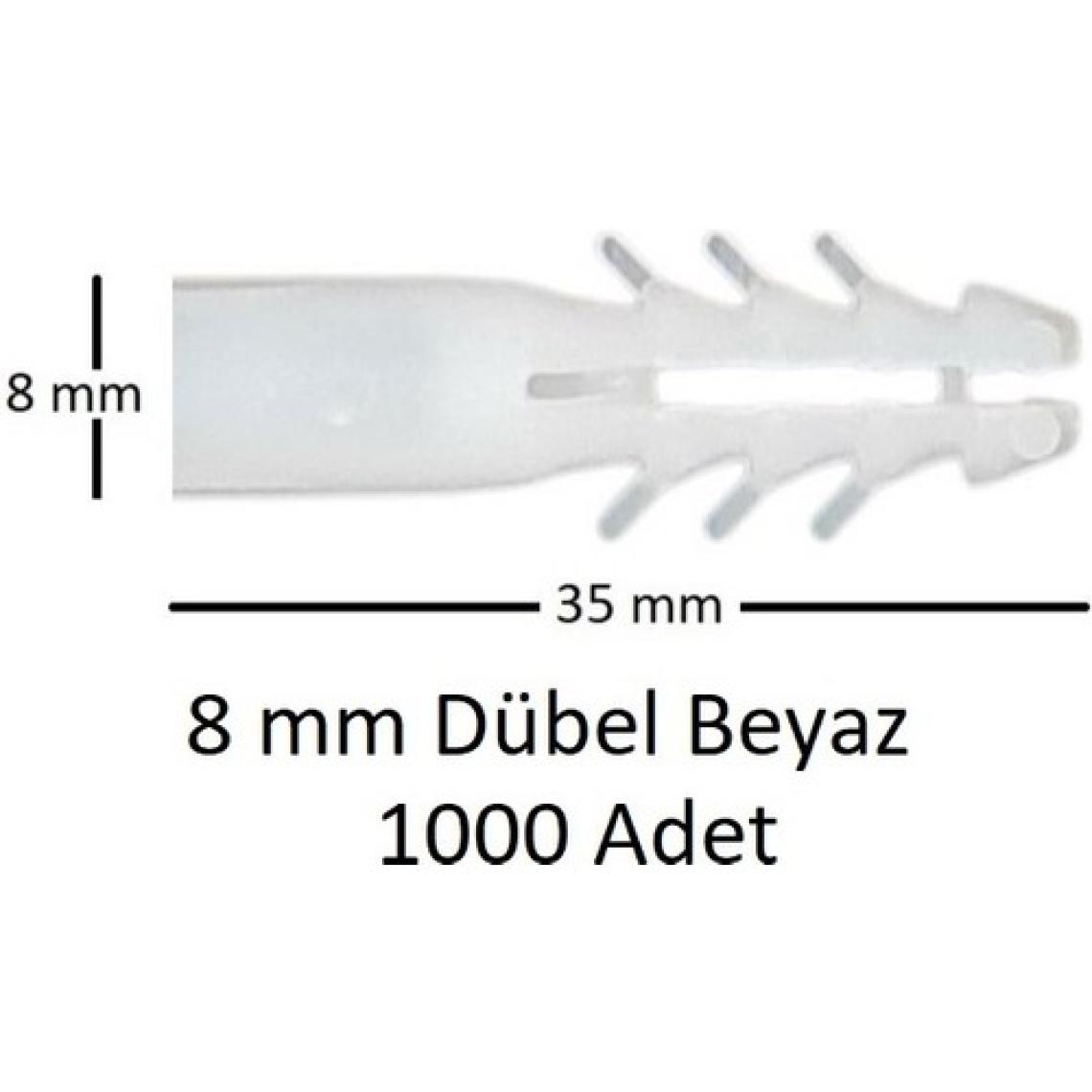 Dübel, 8 mm Plastik Beyaz Dübel 1000 Adet