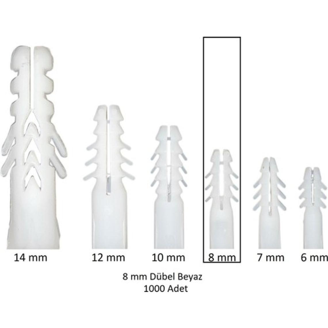 Dübel, 8 mm Plastik Beyaz Dübel 1000 Adet