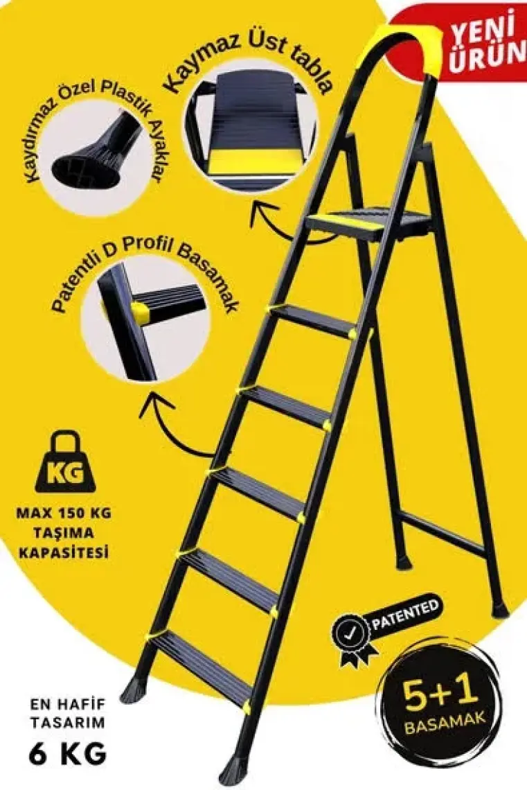 Ertekpa Leo 5+1 Basamaklı Metal Siyah Merdiven