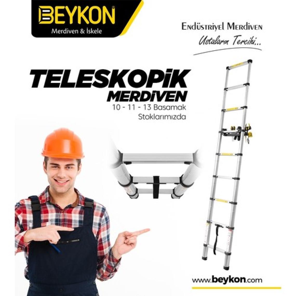 Beykon Madeni Eşya 10 Basamaklı Teleskopik Uzayan Merdiven 2,9 Metre TLS1029