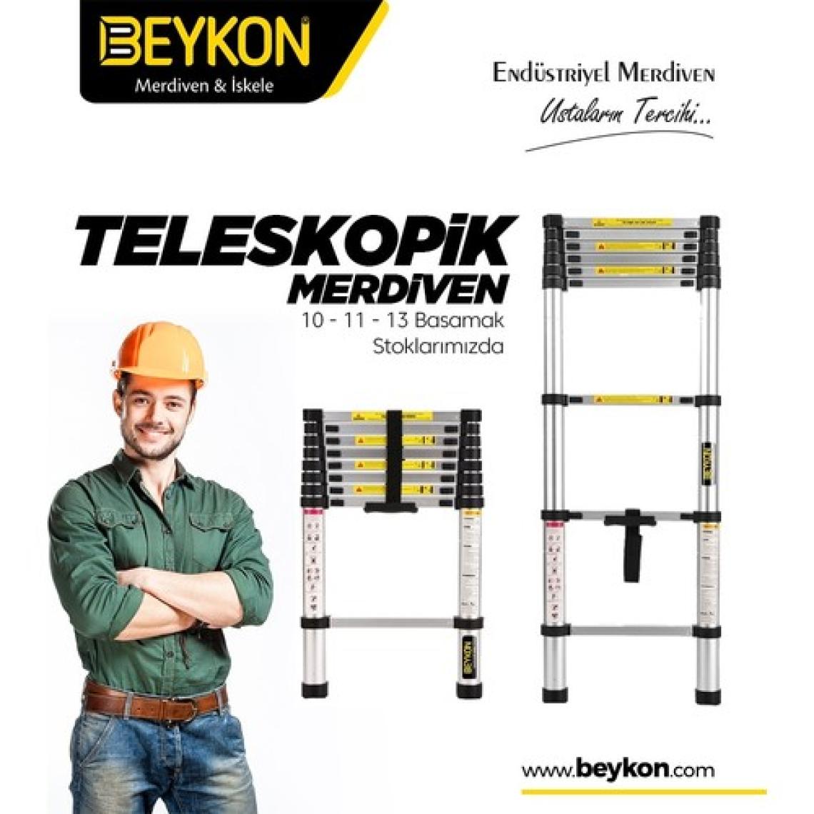 Beykon Madeni Eşya 10 Basamaklı Teleskopik Uzayan Merdiven 2,9 Metre TLS1029