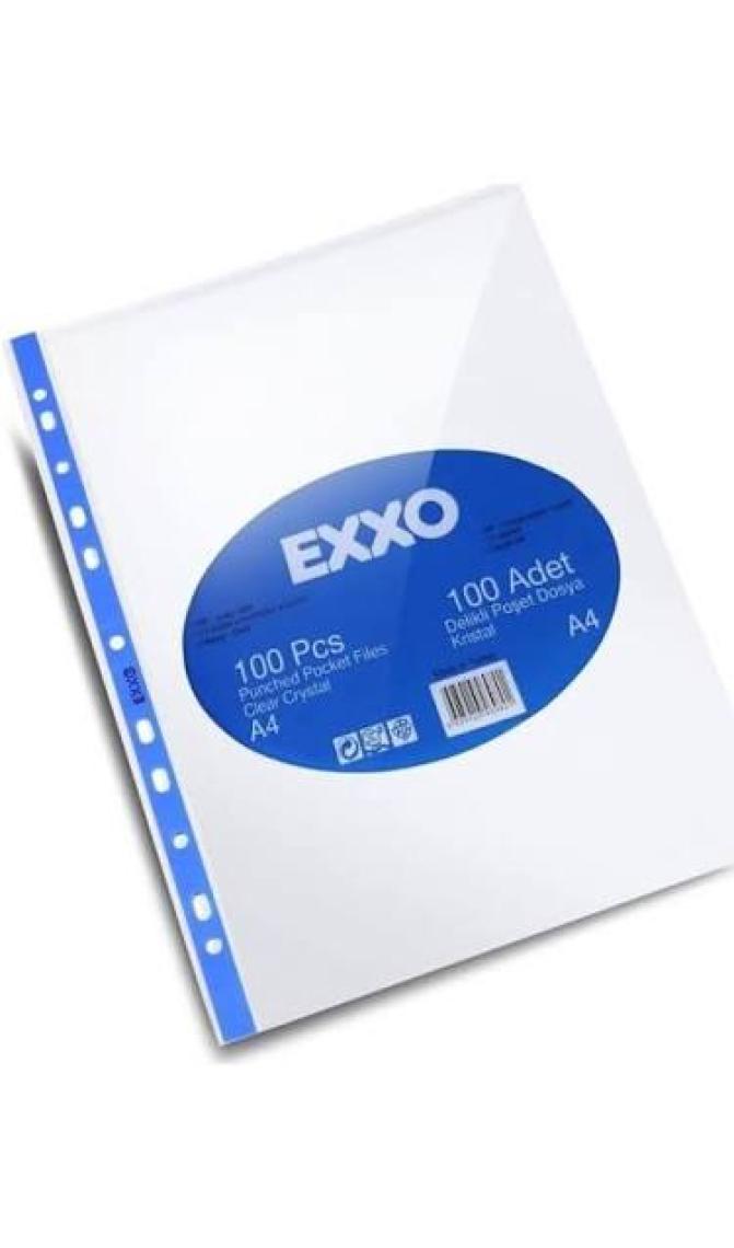 Exxo Kristal Delikli Poşet Dosya Mavi Şeritli A4 90 Mikron - 100 Adet