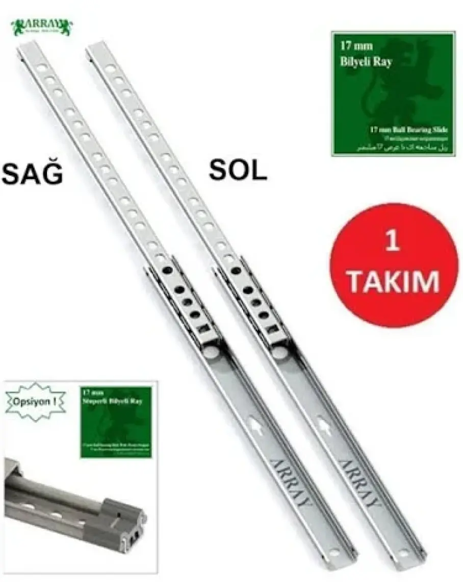 Array Teleskopik Ince Bilyalı Çekmece Rayı 17 mm 502 mm