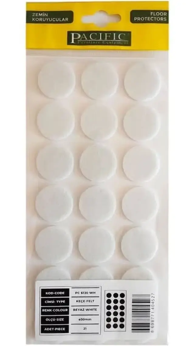 Pacific Yuvarlak Yapışkanlı Sandalye Koltuk Mobilya Ayak Keçesi Felt 30 Mm Beyaz