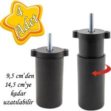 Glaswen 4 Adet Ayarlı Destek Ayağı 9.5 x 14.5 cm Siyah Gizli Ayak M8 Civatalı Incediş Mobilya Kanepe Baza Koltuk