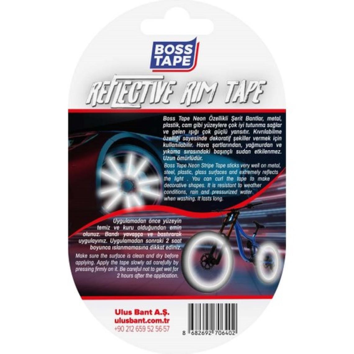 Boss Tape Araç Otomobil Motosiklet Parlayan Reflektörlü Beyaz Neon Jant Bandı Sertifikalı En:7mm Boy:7mt