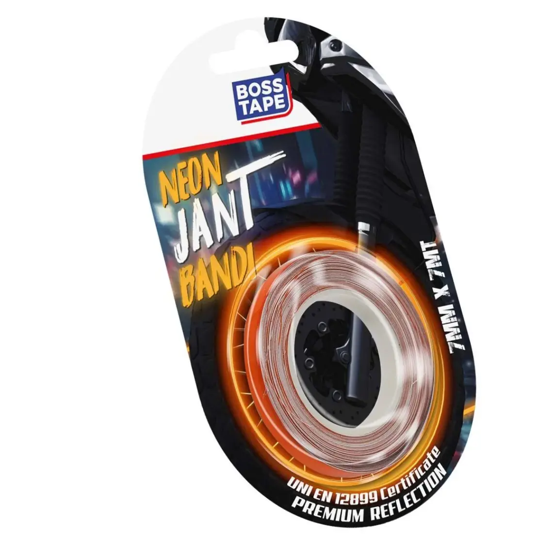 Boss Tape Araç Otomobil Motosiklet Parlayan Reflektörlü Turuncu Neon Jant Bandı Sertifikalı En:7mm Boy:7mt