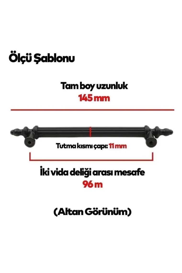 Badem10 10 Adet Polavit Sert Plastik 96 mm Mobilya Çekmece Mutfak Dolap Dolabı Siyah Kulpu Kulbu Kulpları 9.6 cm