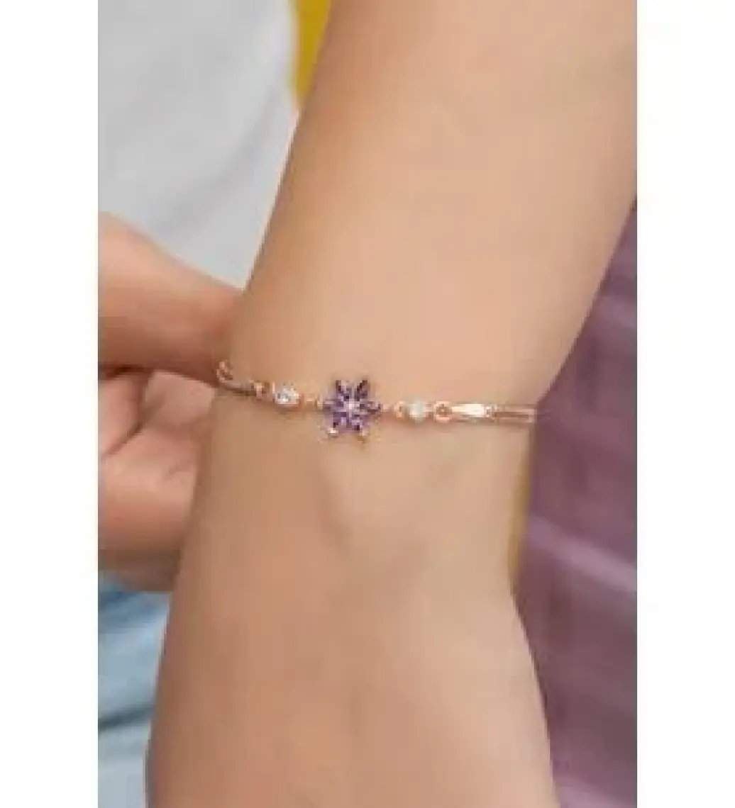 Nereze 925 Ayar Mor Taşlı Lotus Çiçeği Gümüş Bileklik
